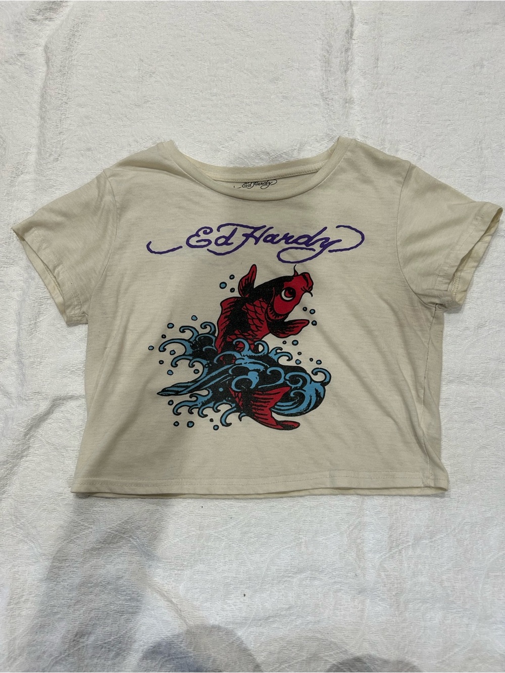 Ed Hardy Cream Tee with Purple Logo